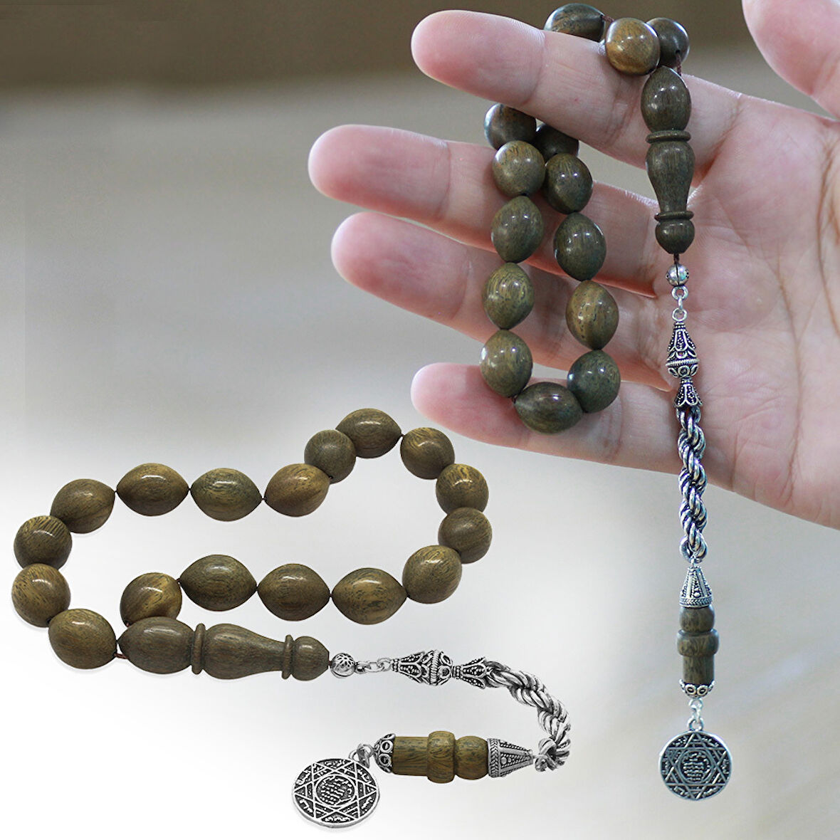 925 Ayar Gümüş Halat Püsküllü Arpa Kesim Kahverengi Pelesenk Efe Tesbih