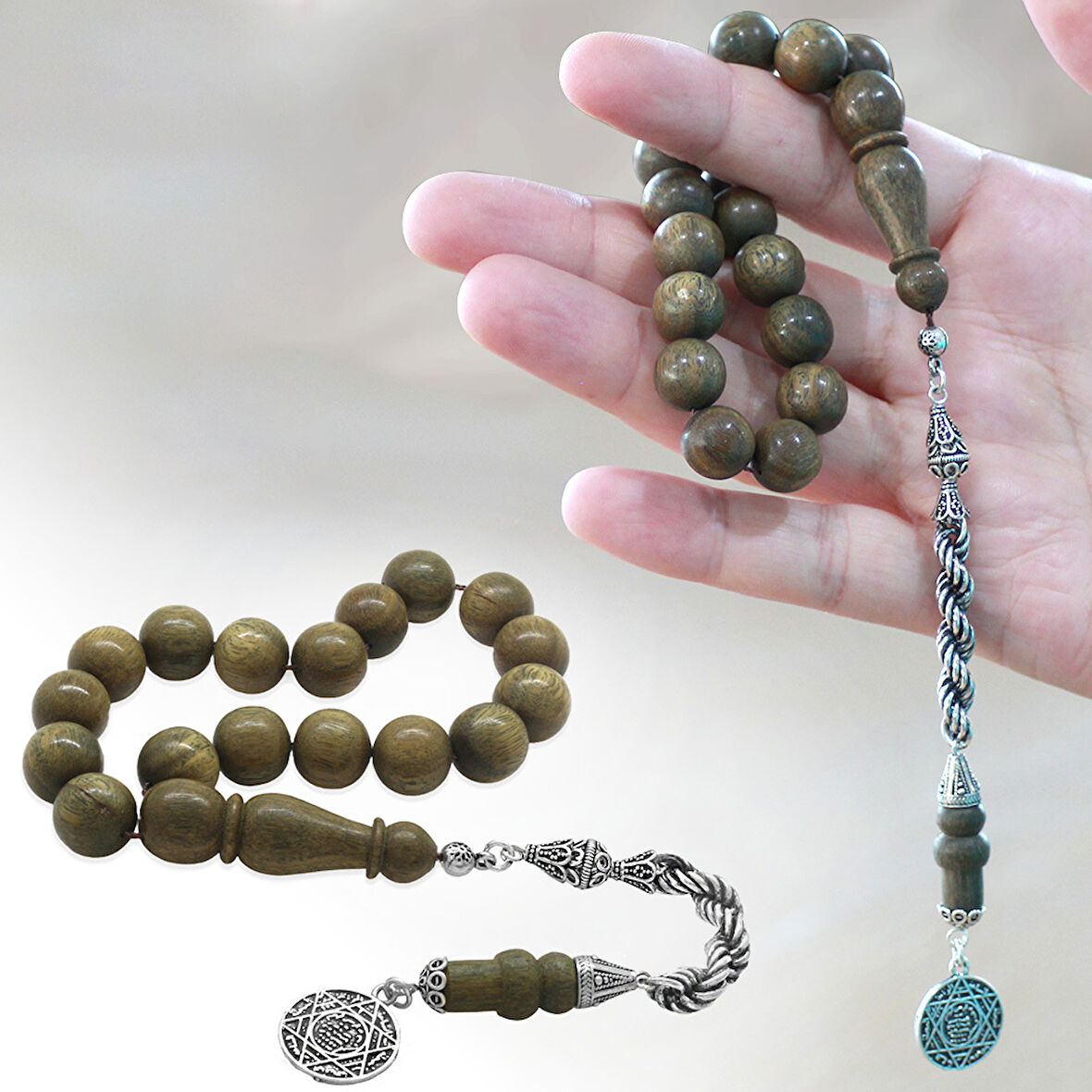 925 Ayar Gümüş Halat Püsküllü Küre Kesim Kahverengi Pelesenk Efe Tesbih