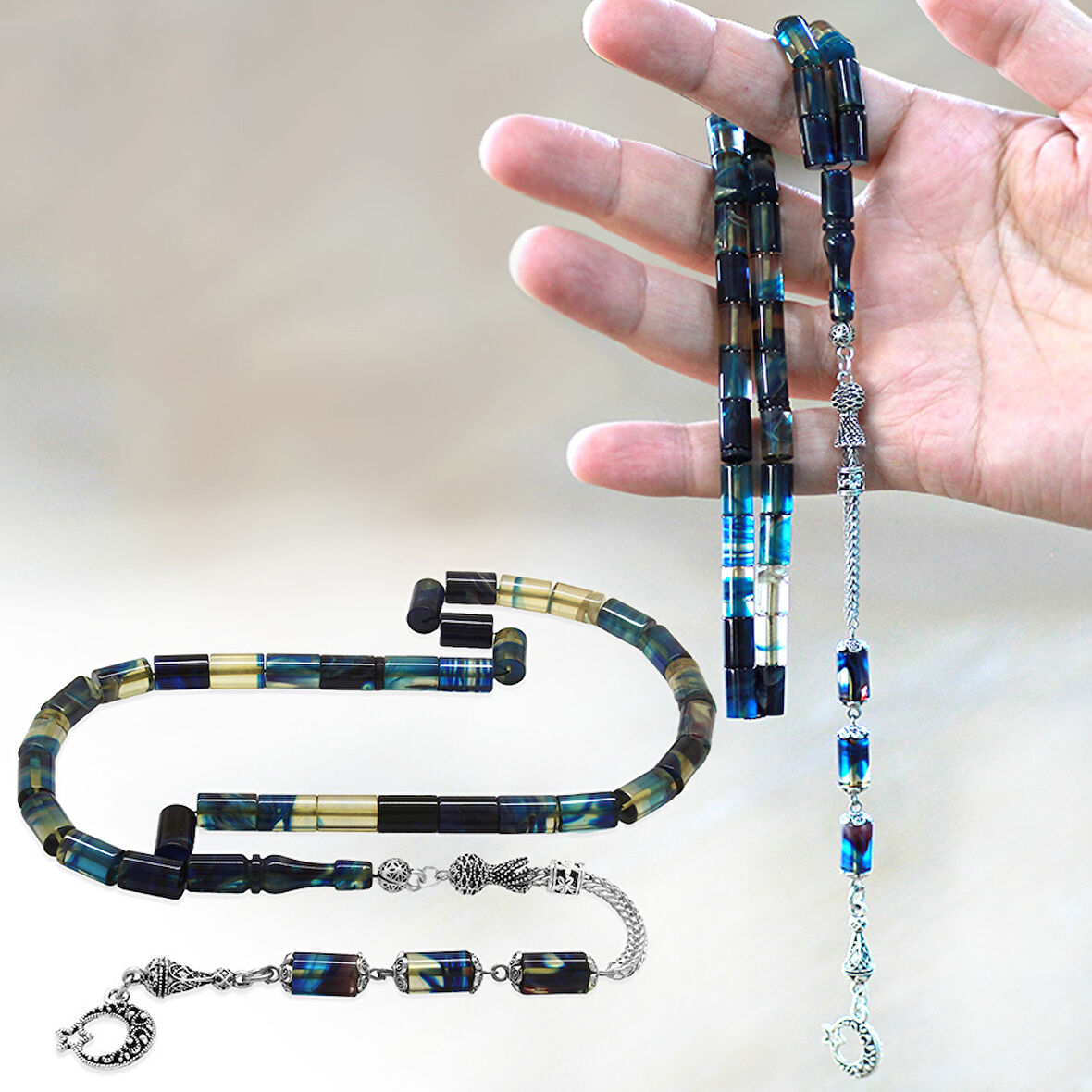 Kararmaz Metal Püsküllü Kesme Kesim Mavi Beyaz Ateş Kehribar Tesbih