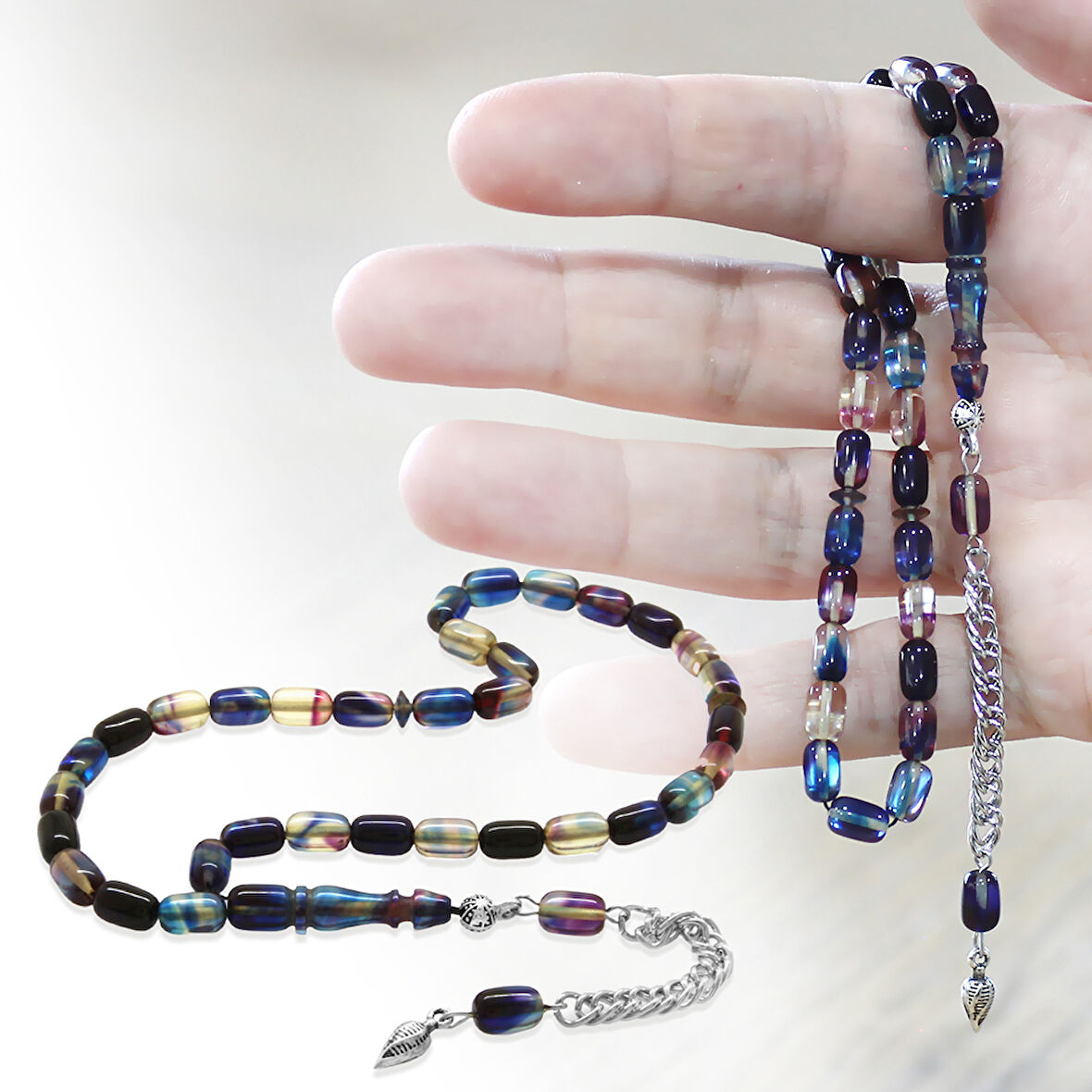 Ateş Kehribar Tesbih - Kararmaz Metal Püsküllü - Bilek Boy - Lacivert Beyaz Renk - Kapsül Kesim