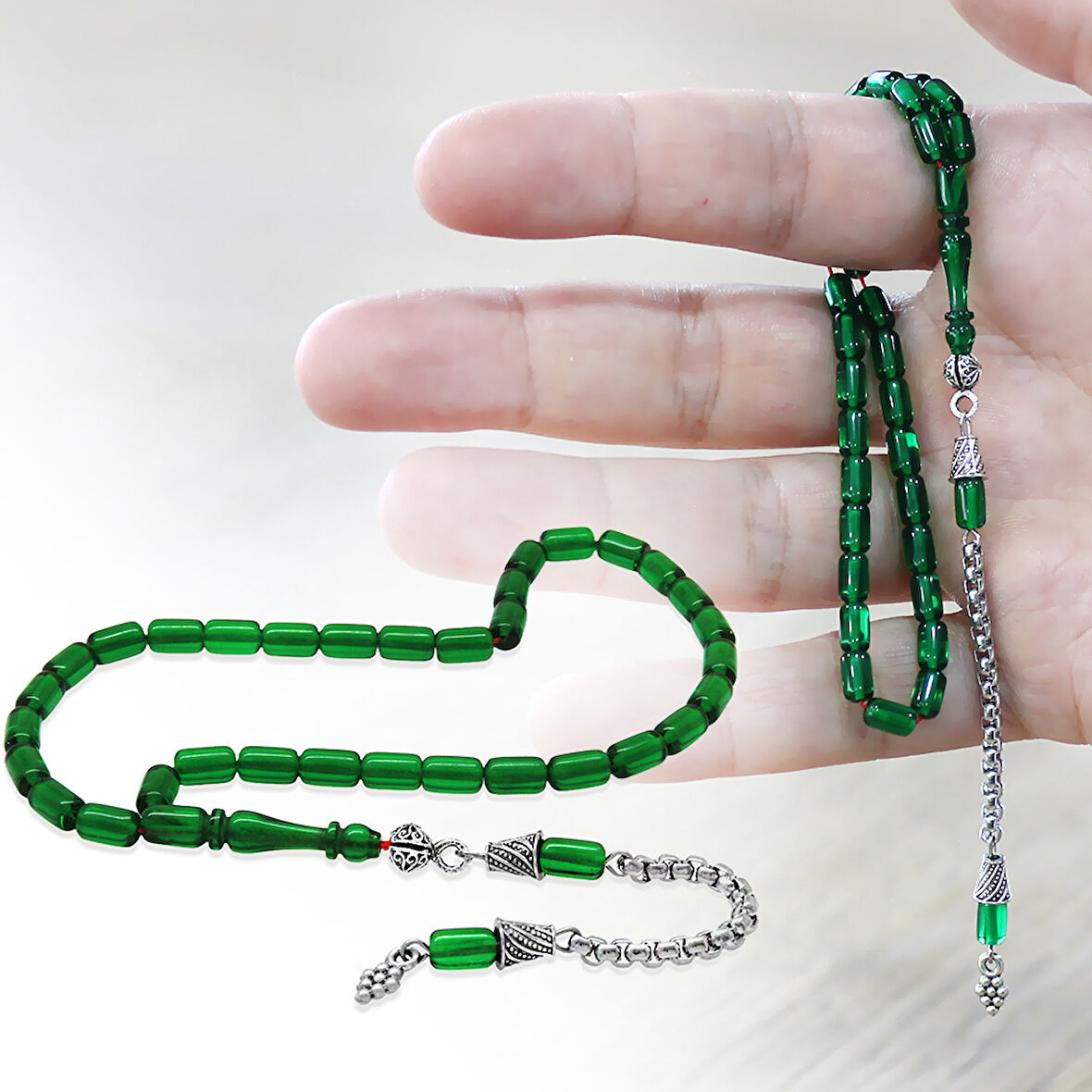 Ateş Kehribar Tesbih - Kararmaz Metal Püsküllü - Bilek Boy - Yeşil Renk - Kapsül Kesim