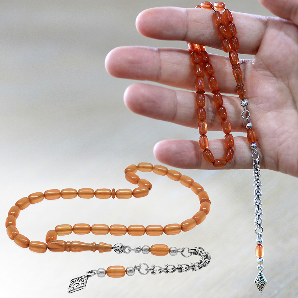 Kararmaz Metal Arnavut Püsküllü Kapsül Kesim Turuncu Bilek Boy Ateş Kehribar Tesbih