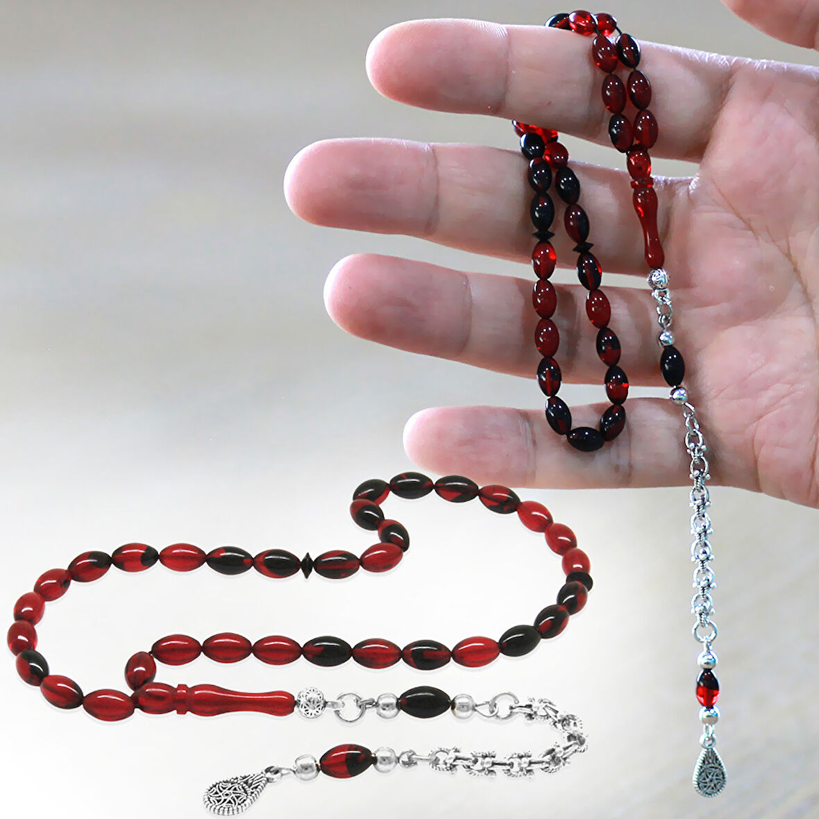 Kararmaz Metal Arnavut Zincir Püsküllü Arpa Kesim Kırmızı Siyah Bilek Boy Ateş Kehribar Tesbih
