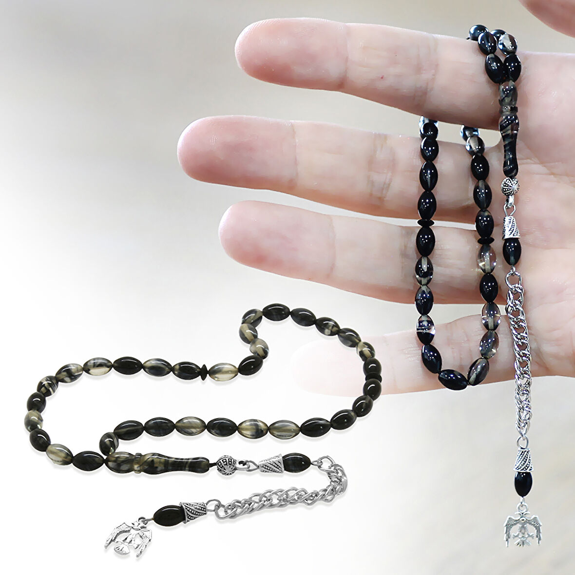 Ateş Kehribar Tesbih - Kararmaz Metal Püsküllü - Bilek Boy - Siyah Beyaz Renk - Arpa Kesim