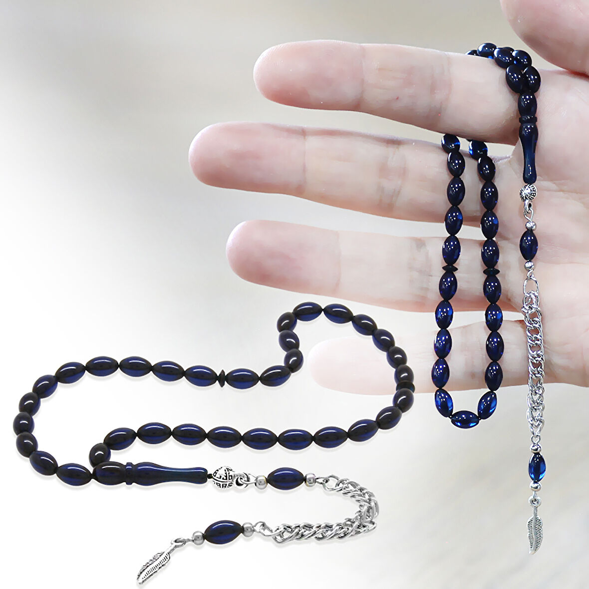 Sıkma Kehribar Tesbih - Kararmaz Metal Püsküllü - Bilek Boy - Lacivert Renk - Arpa Kesim