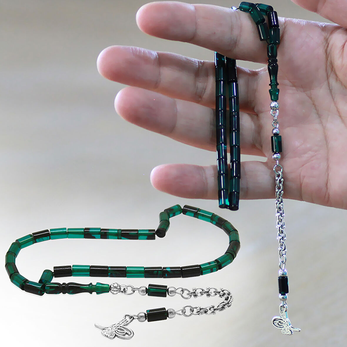 Kararmaz Metal Arnavut Zincir Püsküllü Kesme Kesim Yeşil Siyah Bilek Boy Ateş Kehribar Tesbih