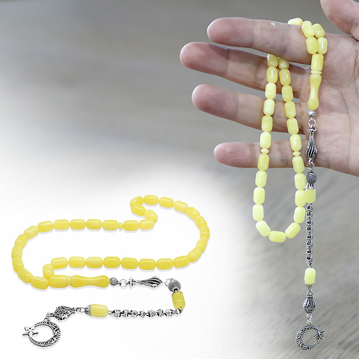 Kararmaz Metal Kafes Zincir Püsküllü Kapsül Kesim Sarı Beyaz Hareli Beyrut Kehribar Tesbih