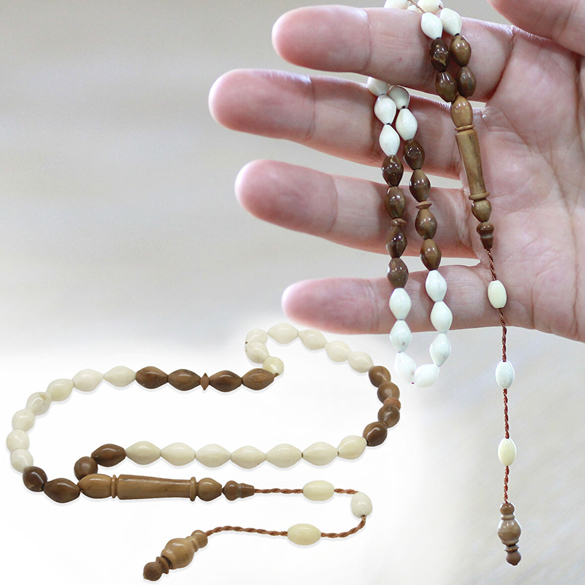 Sistemli Kuka İmameli Arpa Kesim Naturel Renk Deve Kemiği Tesbih