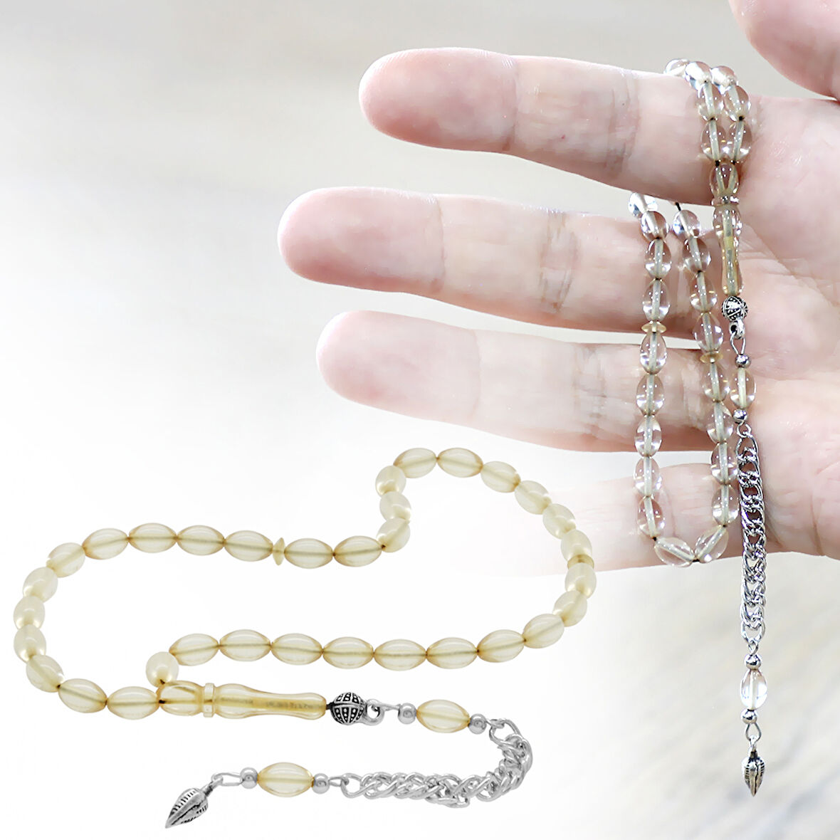 Ateş Kehribar Tesbih - Kararmaz Metal Püsküllü - Bilek Boy - Şeffaf Beyaz Renk - Arpa Kesim