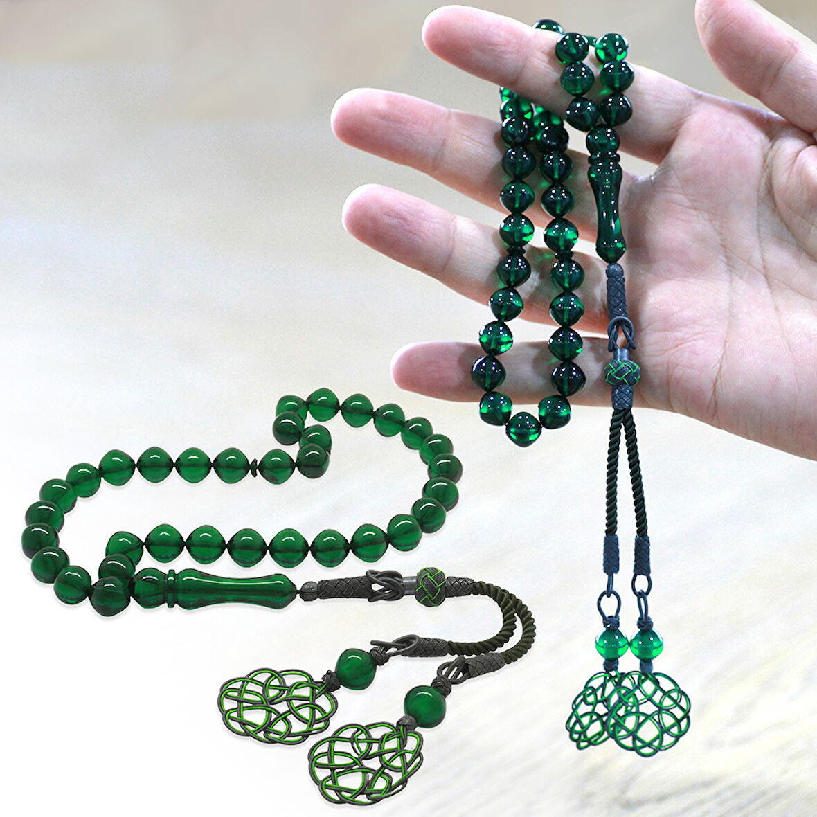 1000 Ayar Gümüş Özel Kazaz Püsküllü İstanbul Kesim Yeşil Ateş Kehribar Tesbih