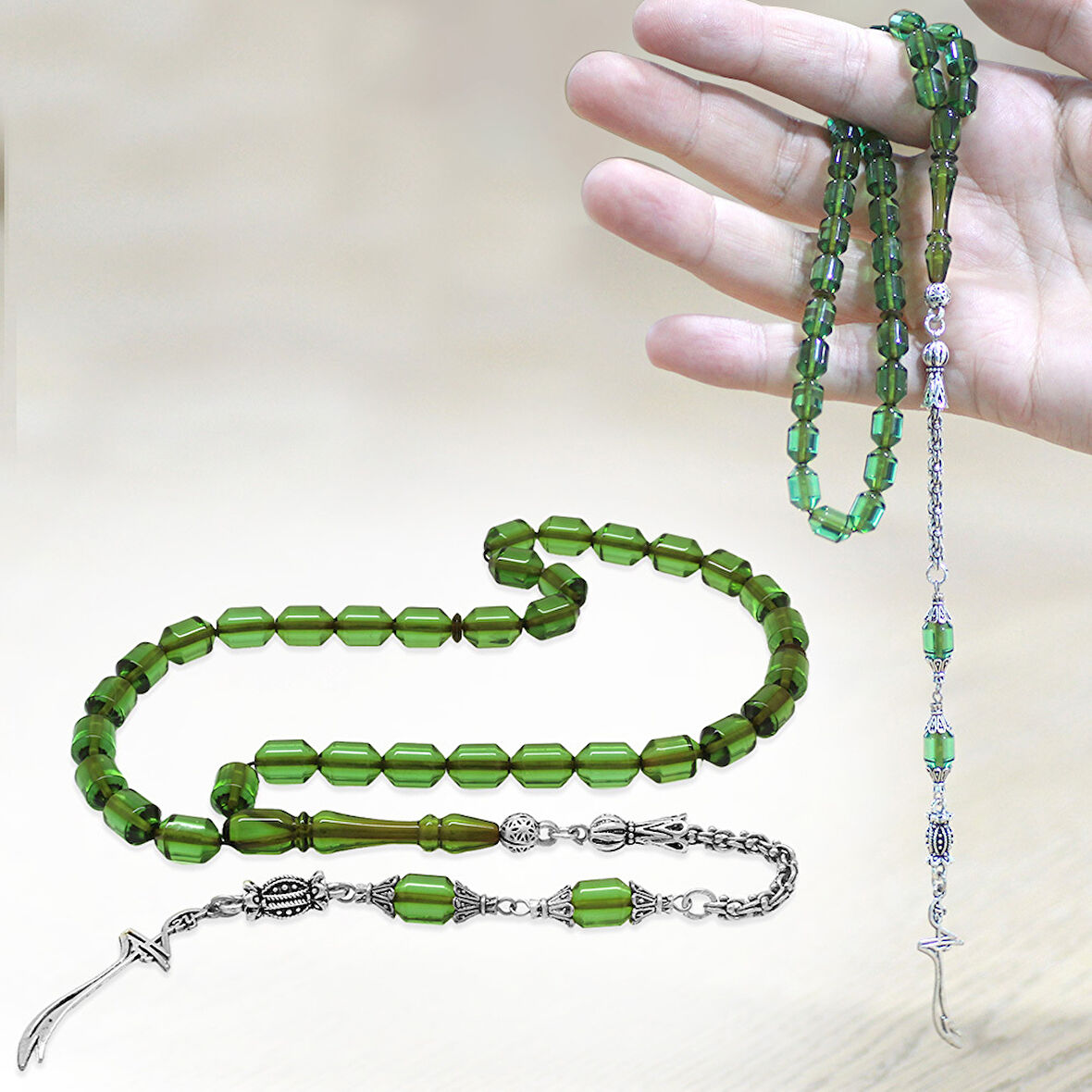 Kararmaz Metal Arnavut Püsküllü Uçlu Kapsül Kesim Su Yeşili Ateş Kehribar Tesbih