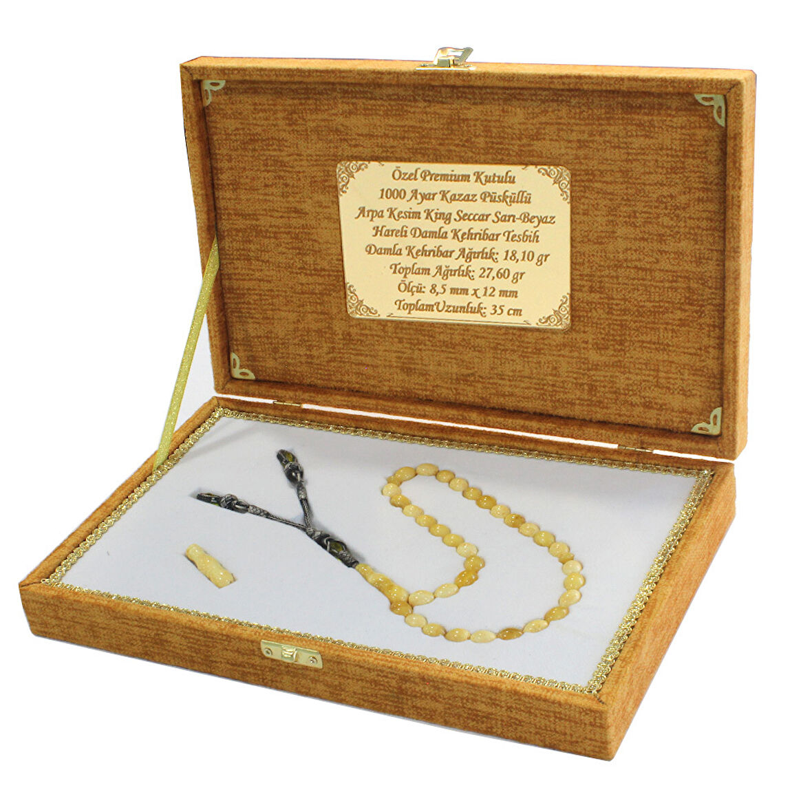Özel Premium Kutulu 1000 Ayar Kazaz Püsküllü Arpa Kesim King Seccer Sarı Beyaz Hareli Damla Kehribar Tesbih