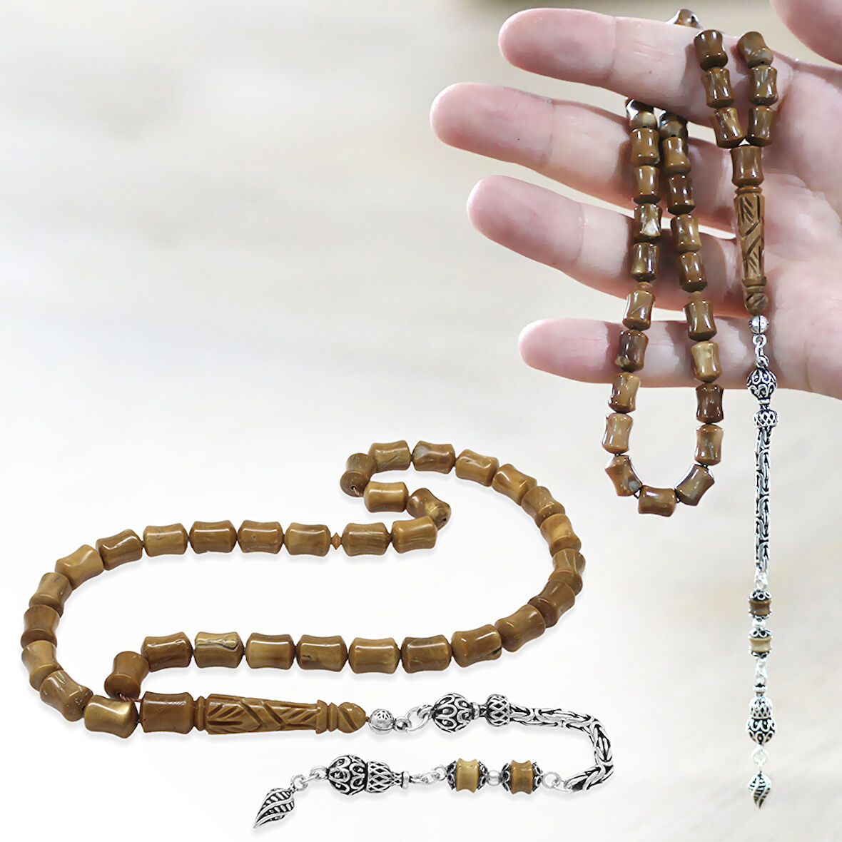 925 Ayar Gümüş Kral Zincir Püsküllü İmame İşçilikli Koyu Kahverengi Kuka Tesbih