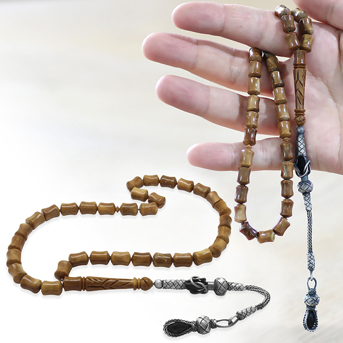 1000 Ayar Gümüş Kazaz Püsküllü İmame İşçilikli Koyu Kahverengi Kuka Tesbih