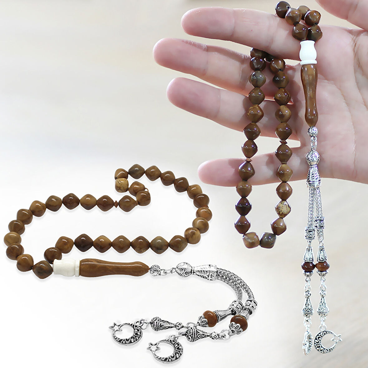 Kararmaz Metal Ayyıldız Püsküllü İstanbul Kesim Deve Kemiği Detaylı Kuka Tesbih