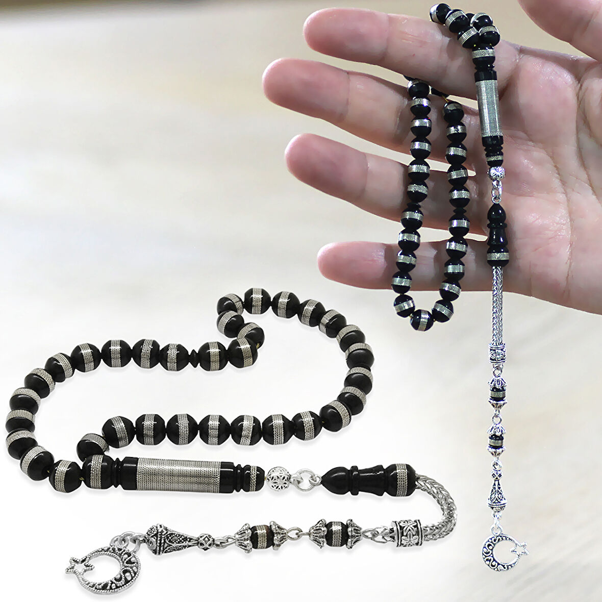 Kararmaz Metal Ayyıldız Püsküllü Metal Sarmal Silindir Kesim Siyah Kuka Tesbih