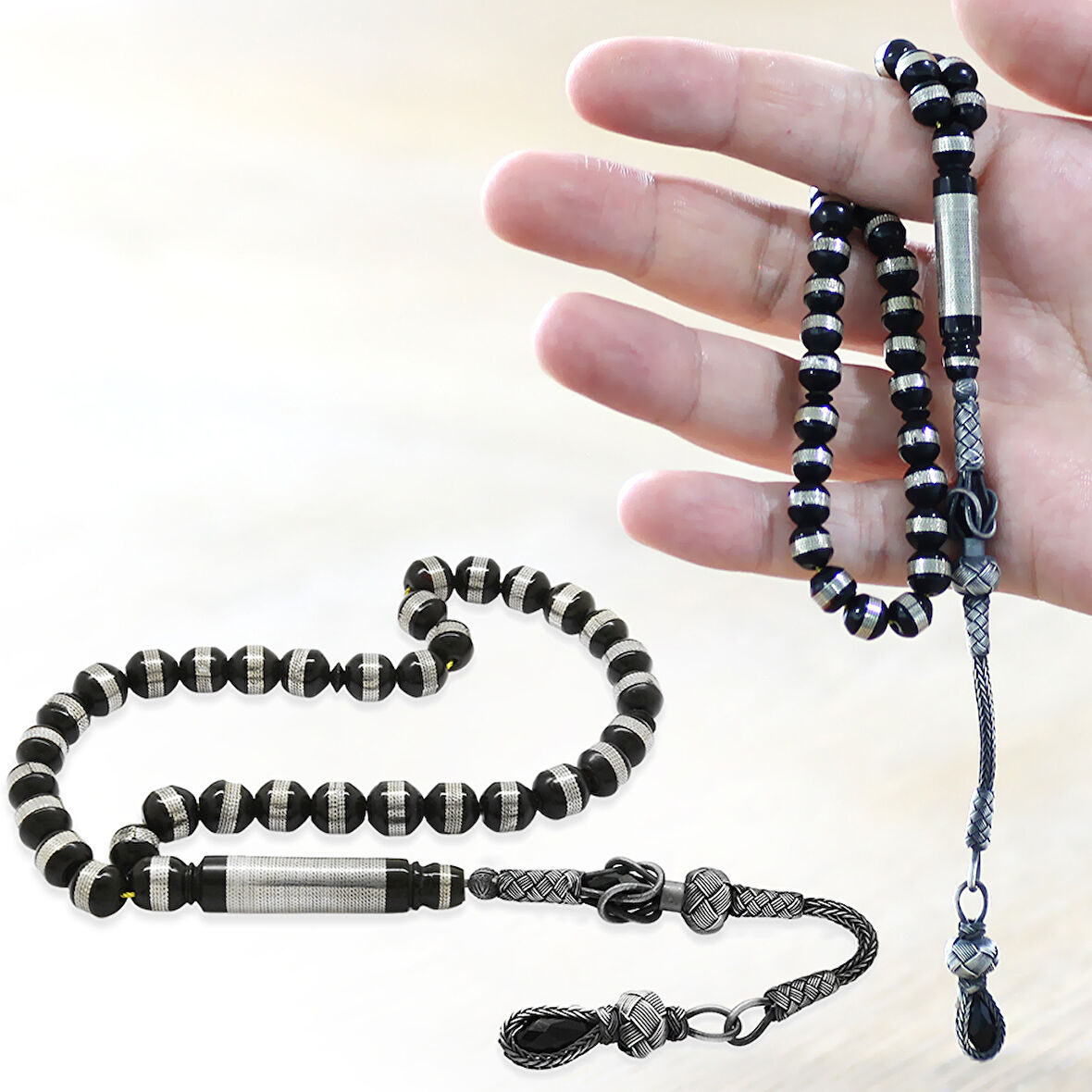 1000 Ayar Gümüş Kazaz Püsküllü Metal Sarmal Silindir Kesim Kuka Tesbih