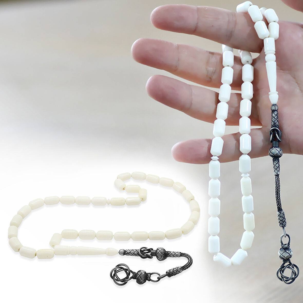 1000 Ayar Gümüş Kazaz Püsküllü Uçlu Kapsül Kesim Beyaz Renk Deve Kemiği Tesbih