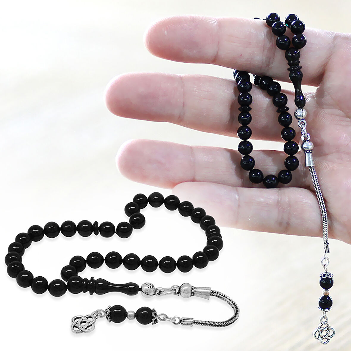 925 Ayar Gümüş Püsküllü Küre Kesim Bilek Boy Mavi Siyah Sıkma Kehribar Tesbih