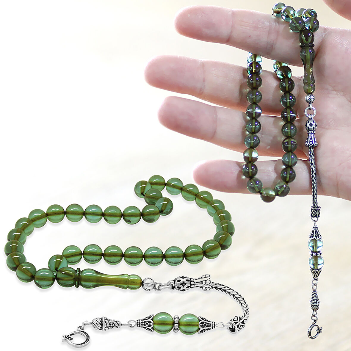 925 Ayar Gümüş Ay Yıldız Püsküllü Küre Kesim Su Yeşili Ateş Kehribar Tesbih