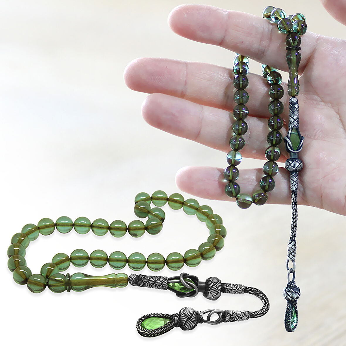 1000 Ayar Gümüş Kazaz Püsküllü Küre Kesim Su Yeşili Ateş Kehribar Tesbih