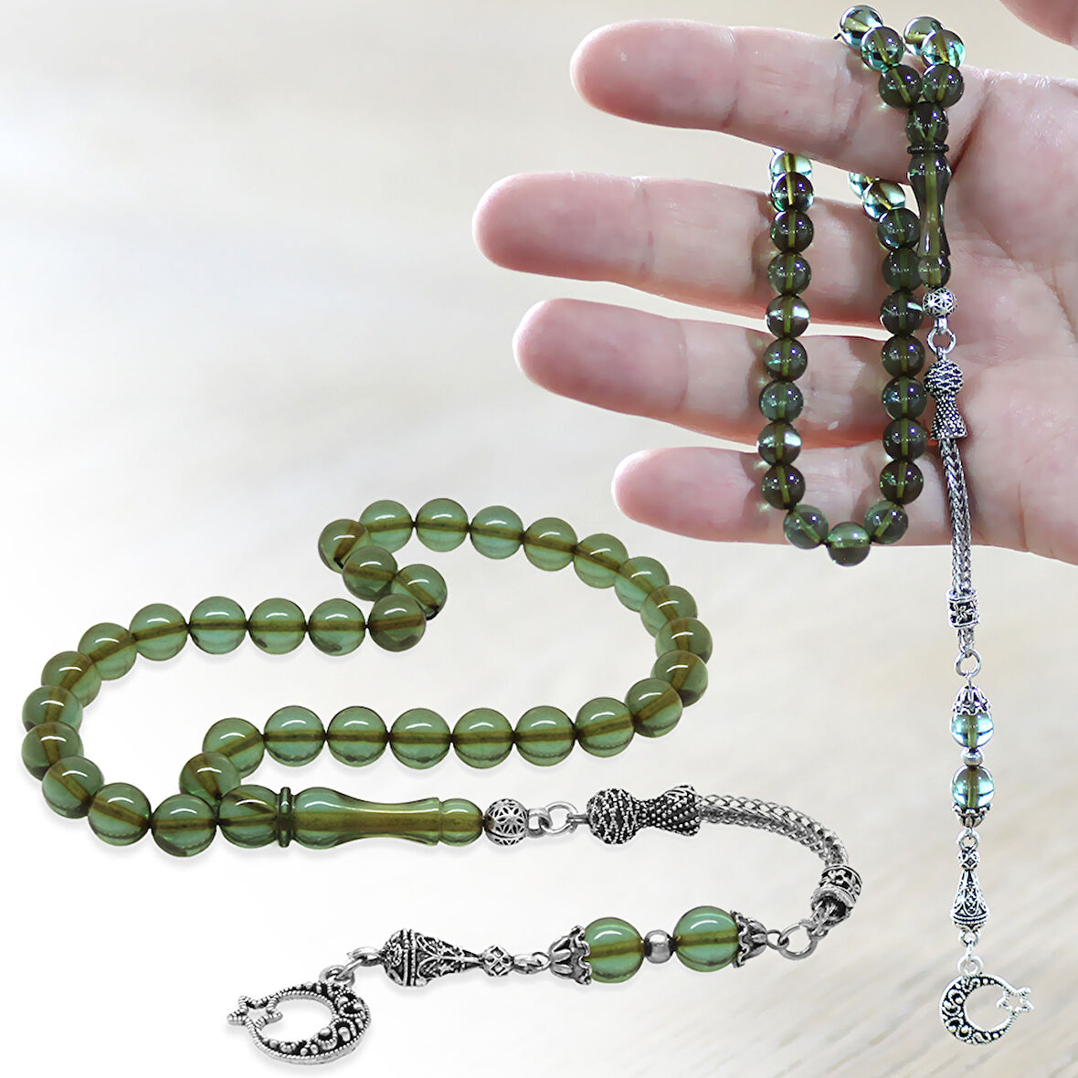 Kararmaz Metal Ayyıldız Püsküllü Küre Kesim Su Yeşili Ateş Kehribar Tesbih