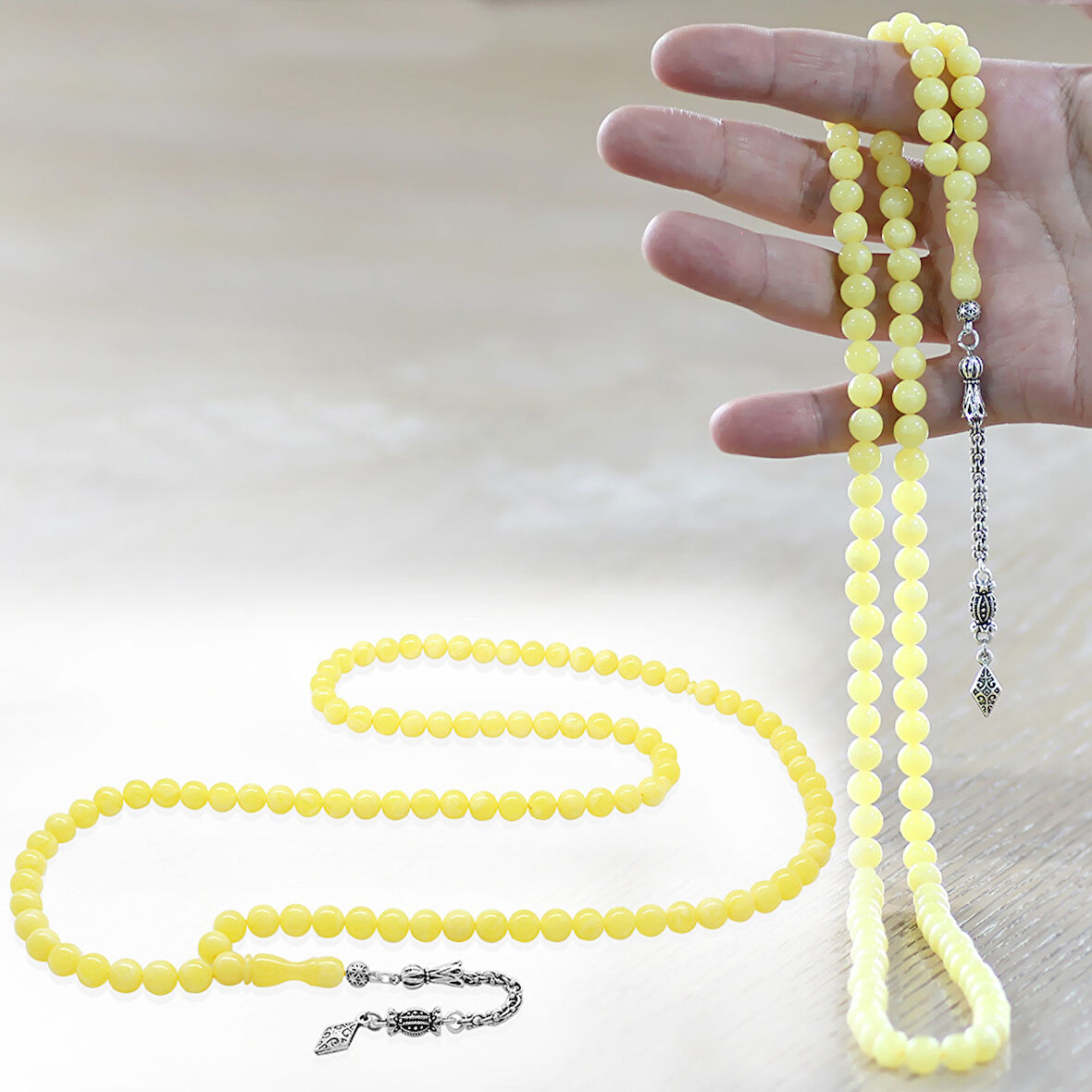 Kararmaz Metal Arnavut Zincir Püsküllü Küre Kesim 99 Taneli Beyrut Kehribar Namaz Tesbihi