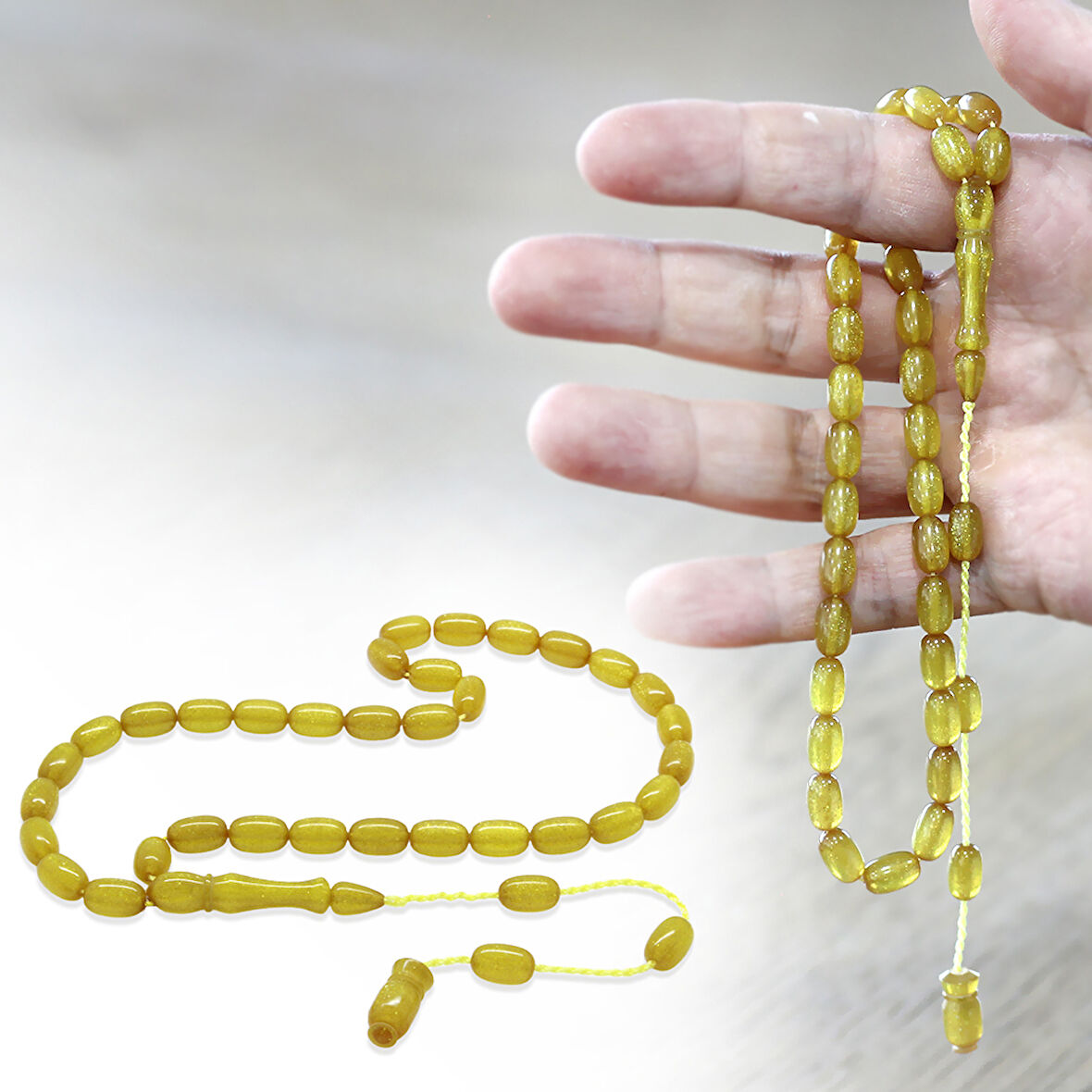 Sistemli Özel Kesim Sedefli Sarı Ateş Kehribar Tesbih