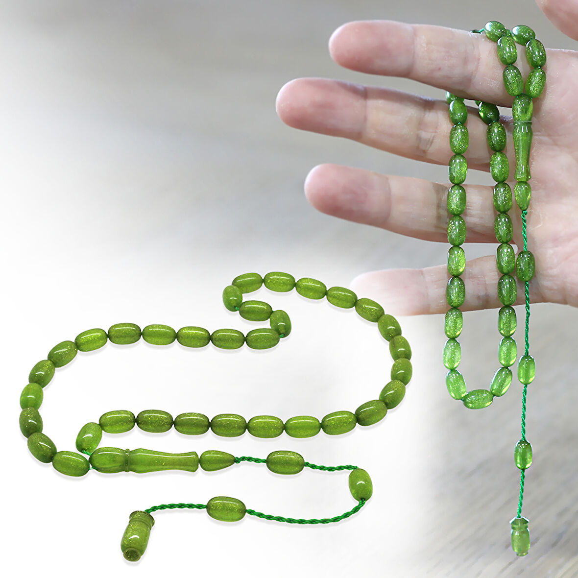 Sistemli Özel Kesim Sedefli Yeşil Ateş Kehribar Tesbih