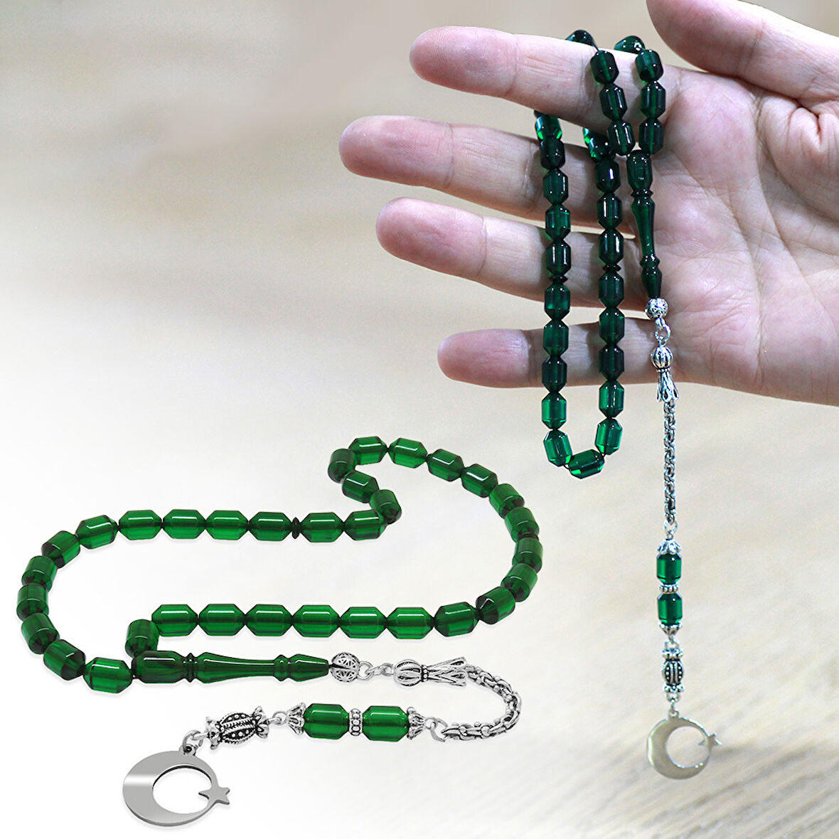 Kararmaz Metal Arnavut Zincir Püsküllü Uçlu Kapsül Kesim Kişiye Özel İsim Yazılı Ayyıldız Plakalı Yeşil Ateş Kehribar Tesbih