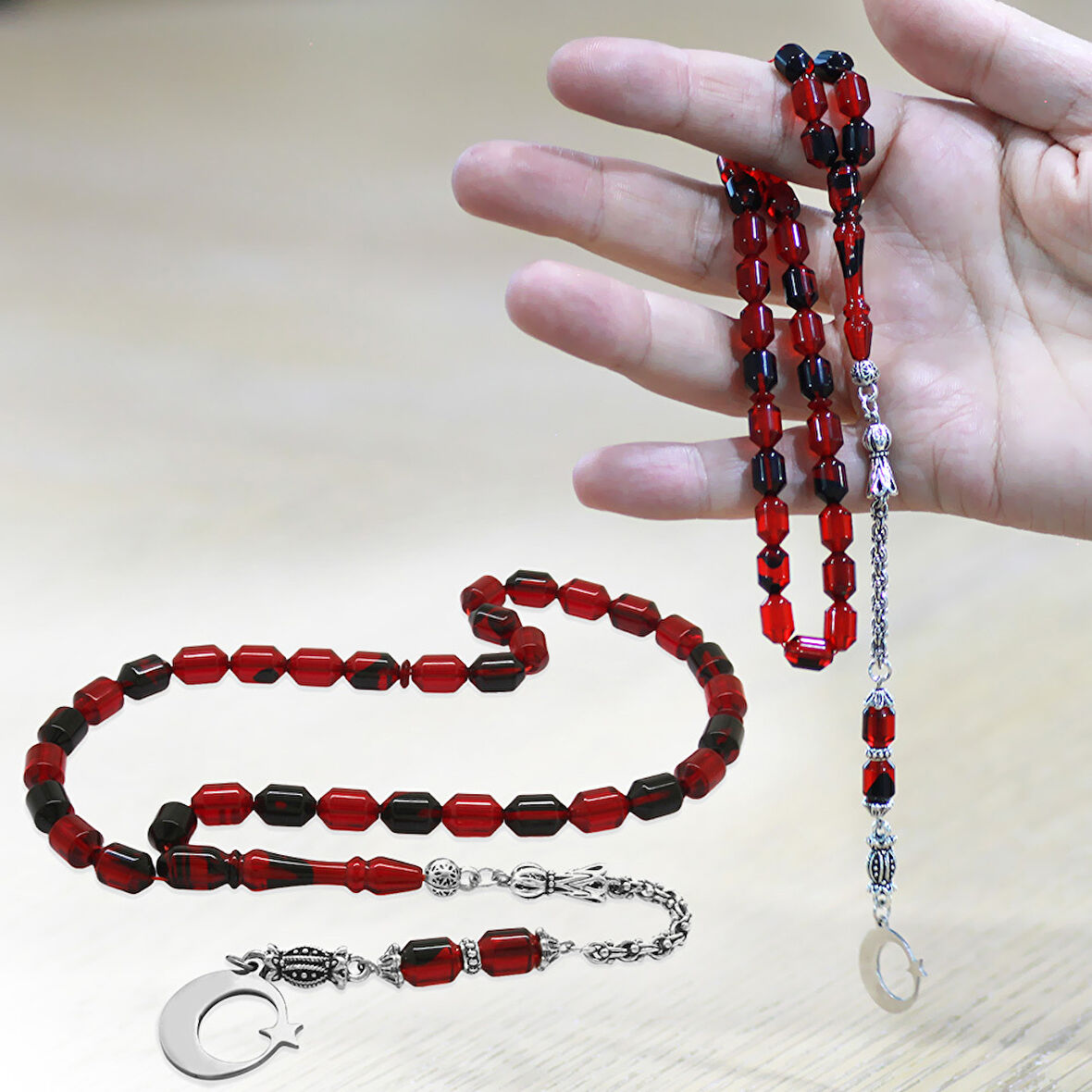 Kararmaz Metal Püsküllü Uçlu Kapsül İsim Yazılı Ayyıldız Plakalı Kırmızı Siyah Ateş Kehribar Tesbih