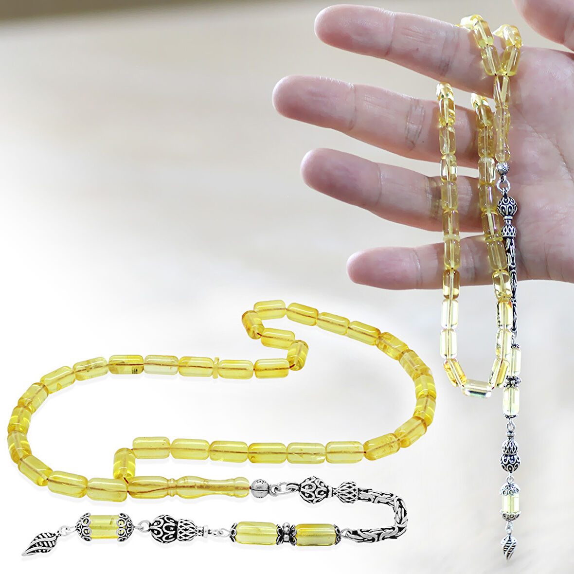 925 Ayar Gümüş Kral Zincir Püsküllü Kapsül Kesim Ihlamur Sarı Doğal Damla Kehribar Tesbih