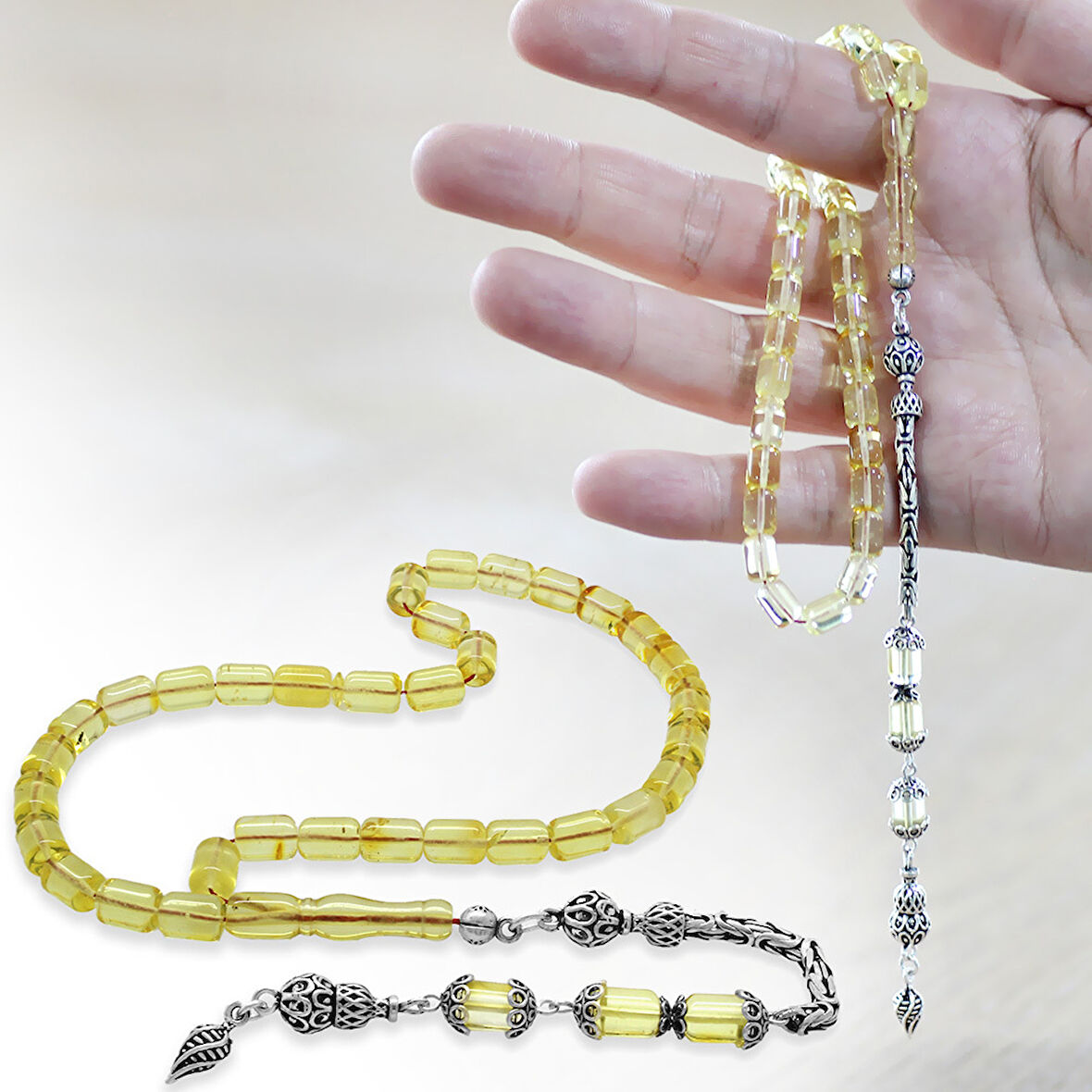 925 Ayar Gümüş Kral Zincir Püsküllü Tombul Kapsül Kesim Soft Sarı Doğal Damla Kehribar Tesbih