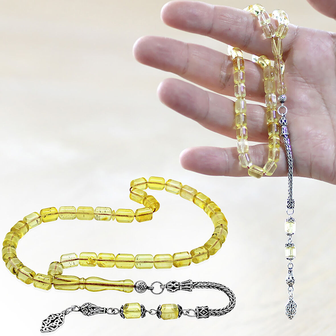 925 Ayar Gümüş Püsküllü Tombul Kapsül Kesim Ihlamur Sarı Doğal Damla Kehribar Tesbih