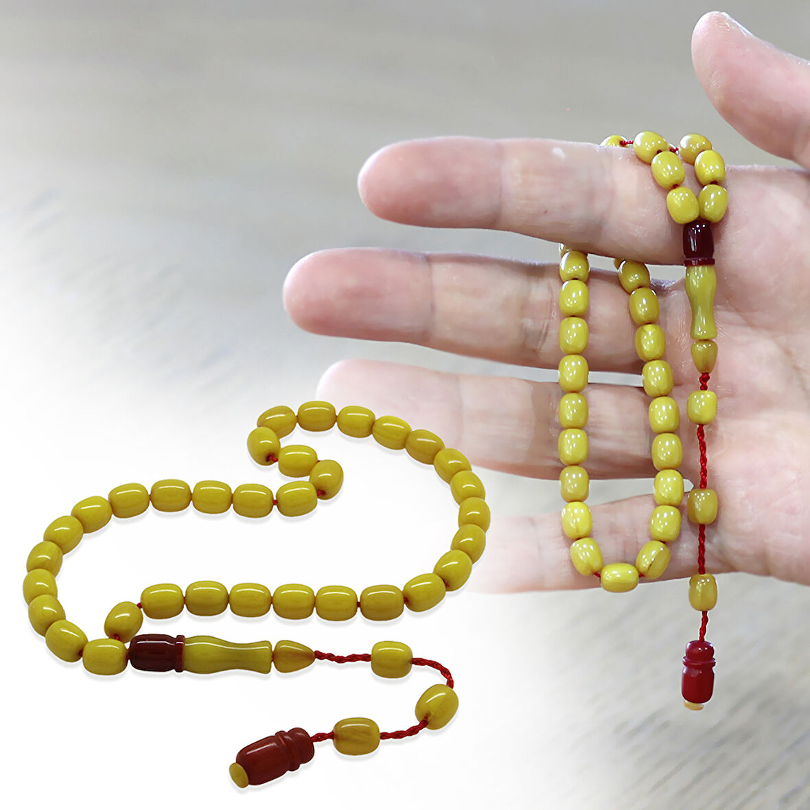 Sistemli Küp Kesim Çift Renk İmameli Bilek Boy Yeşil Ateş Kehribar Tesbih