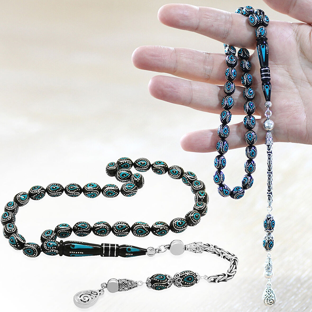 925 Ayar Gümüş Kral Zincir Püsküllü Gümüş Firuze İşlemeli Arpa Kesim Erzurum Oltu Tesbih