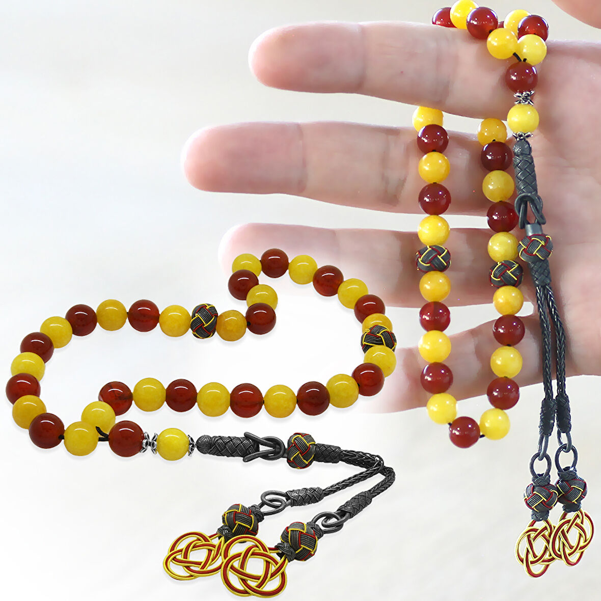 1000 Ayar Gümüş Kazaz Püsküllü Küre Kesim Sarı Kırmızı Jade Akik Doğaltaş Taraftar Tesbih