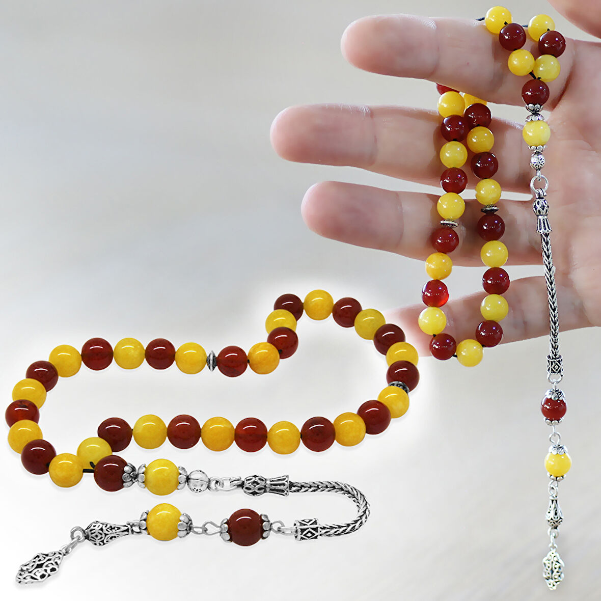 925 Ayar Gümüş Foxtail Zincir Püsküllü Küre Kesim Sarı Kırmızı Jade Akik Doğaltaş Taraftar Tesbih