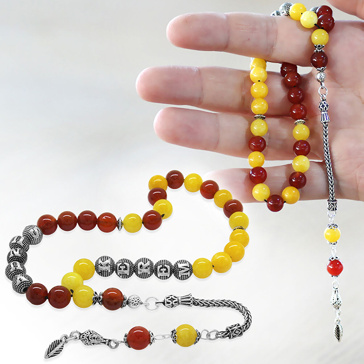 925 Ayar Gümüş Püsküllü Küre Kesim Kişiye Özel İsim Yazılı Sarı Kırmızı Jade Akik Doğaltaş Taraftar Tesbih