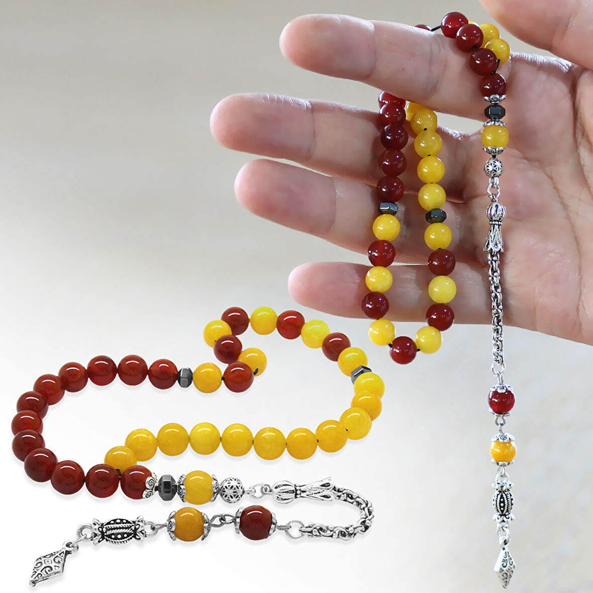 Kararmaz Metal Arnavut Zincir Püsküllü Küre Kesim Sarı Kırmızı Jade Akik Doğaltaş Taraftar Tesbih M2