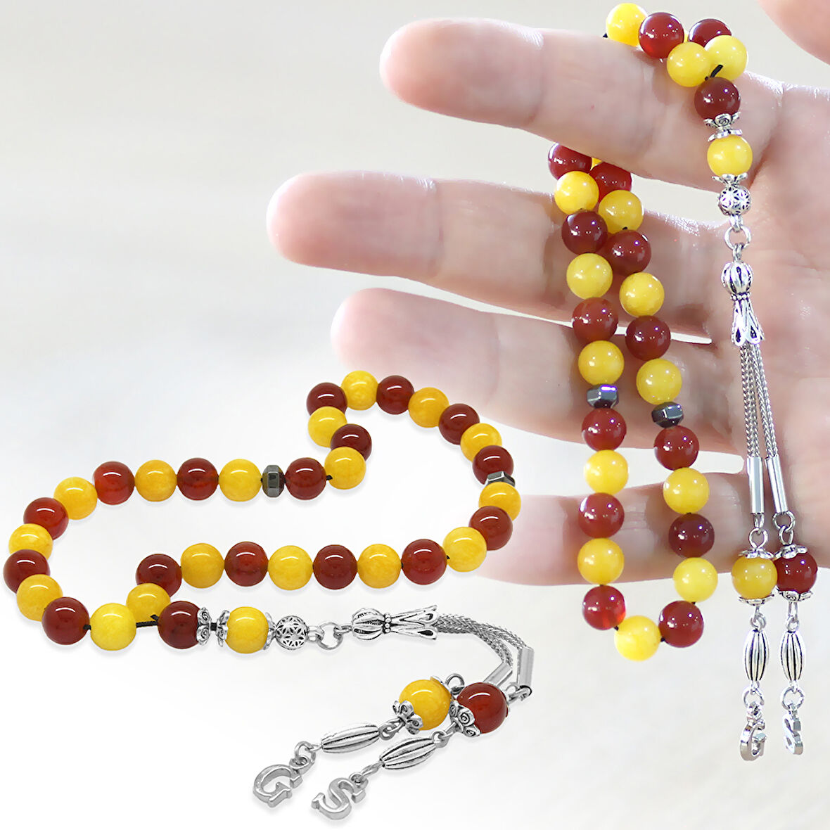 Kararmaz Metal Kişiye Özel Harf Püsküllü Küre Kesim Sarı Kırmızı Jade Akik Doğaltaş Taraftar Tesbih