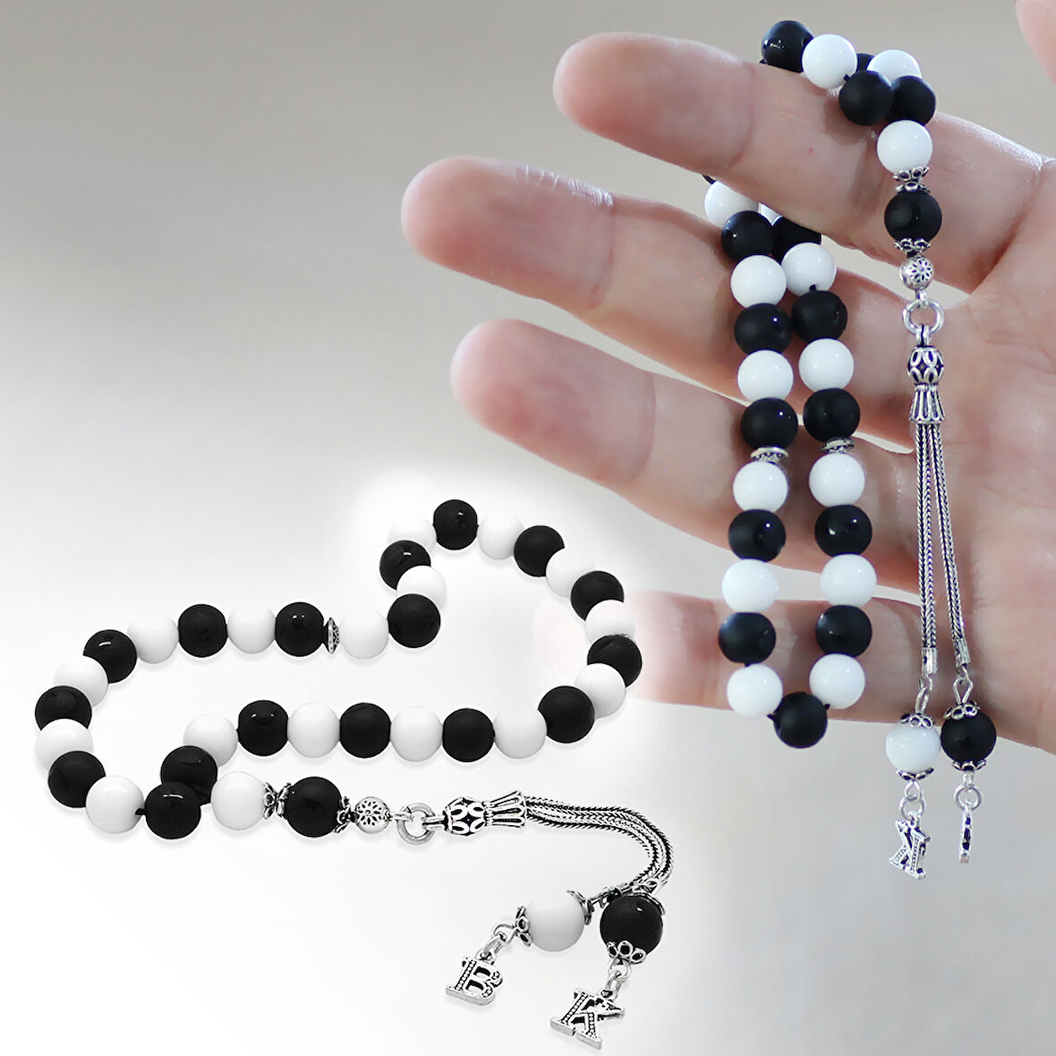 925 Ayar Gümüş Kişiye Özel Harf Püsküllü Küre Kesim Siyah Beyaz Jade Ayyıldız Oniks Doğaltaş Taraftar Tesbih