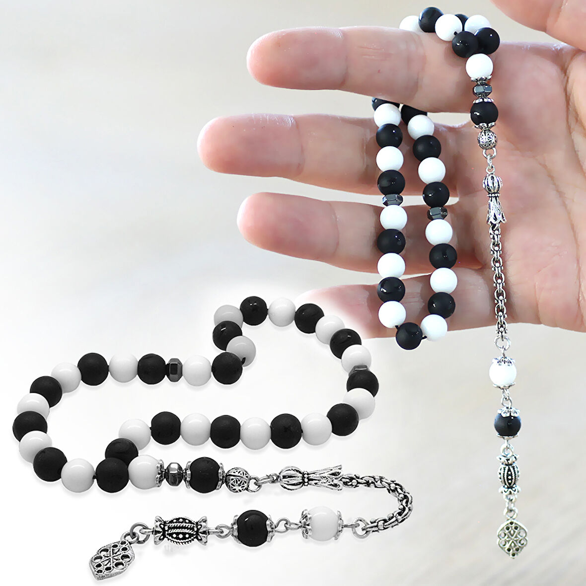 Kararmaz Metal Arnavut Zincir Püsküllü Küre Kesim Siyah Beyaz Jade Ayyıldız Oniks Doğaltaş Taraftar Tesbih M2