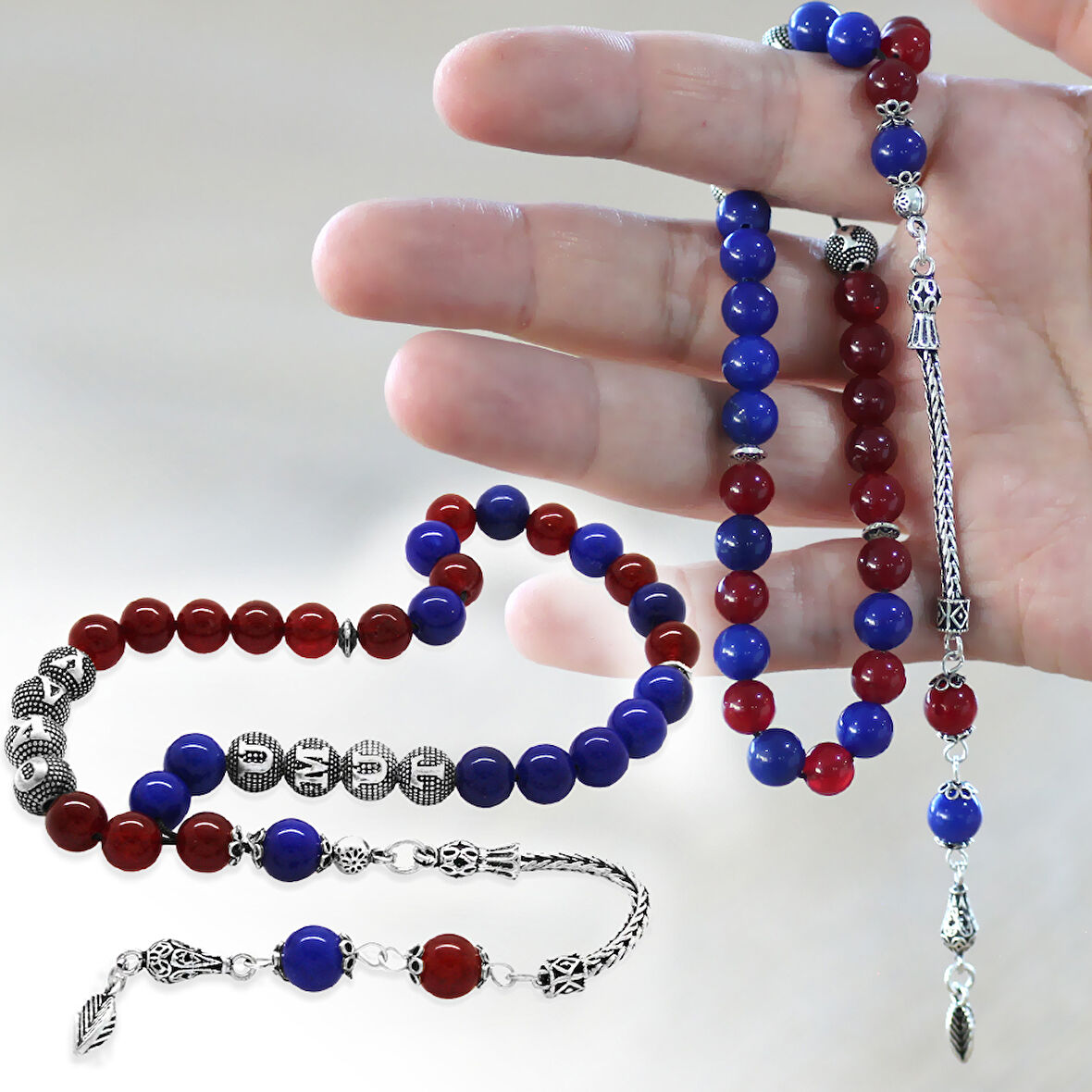 925 Ayar Gümüş Püsküllü Küre Kesim Kişiye Özel İsim Yazılı Bordo Mavi Jade Doğaltaş Taraftar Tesbih