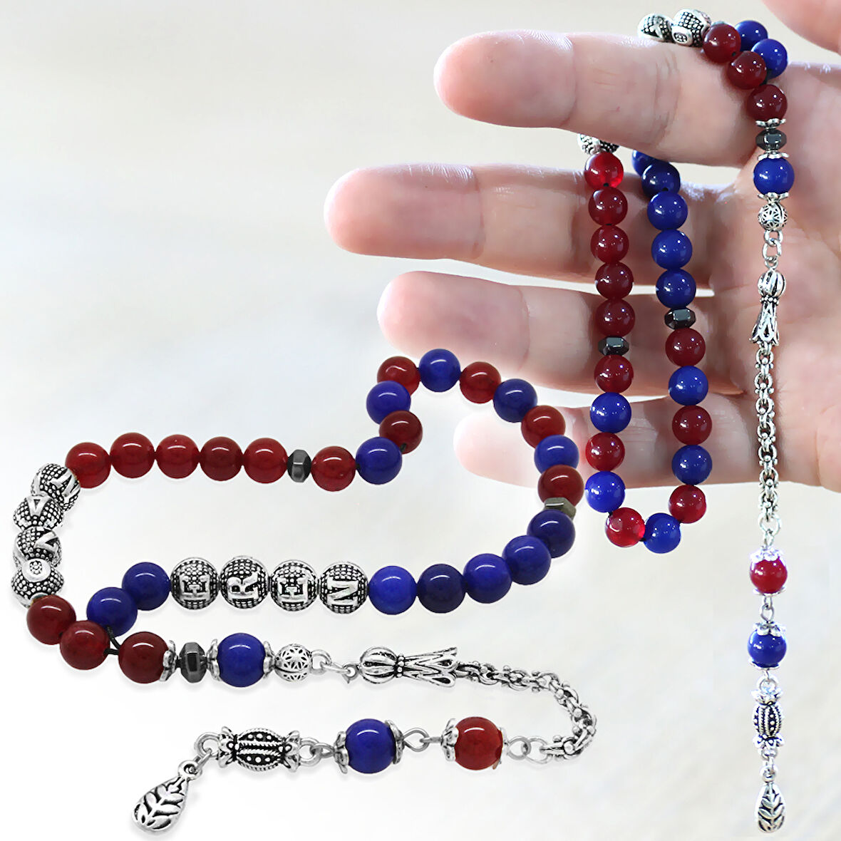 Kararmaz Metal Arnavut Zincir Püsküllü Küre Kesim Kişiye Özel İsim Yazılı Bordo Mavi Jade Doğaltaş Taraftar Tesbih