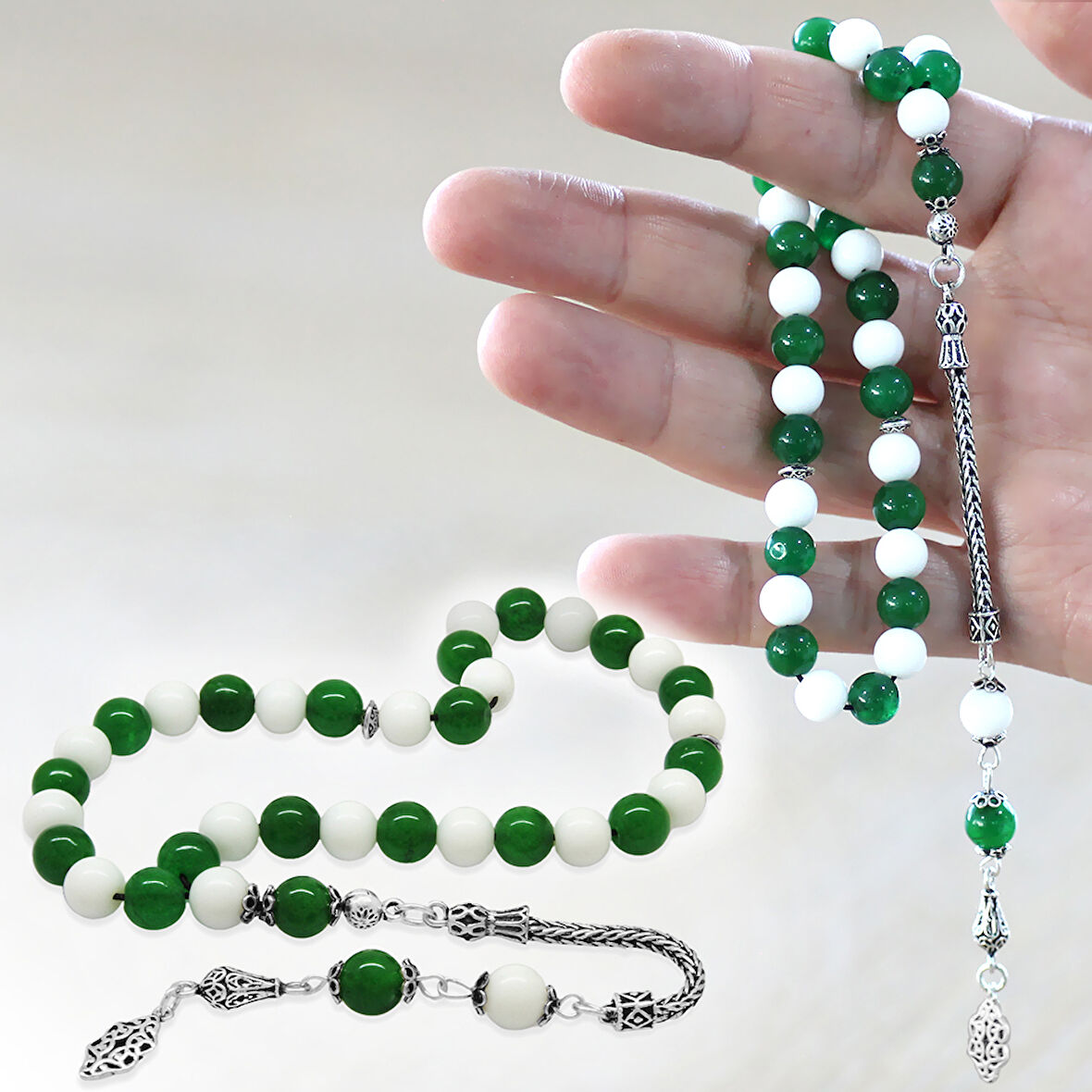 925 Ayar Gümüş Foxtail Zincir Püsküllü Küre Kesim Yeşil Beyaz Jade Doğaltaş Taraftar Tesbih