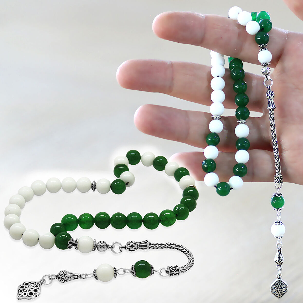 925 Ayar Gümüş Püsküllü Küre Kesim Yeşil Beyaz Jade Doğaltaş Taraftar Tesbih