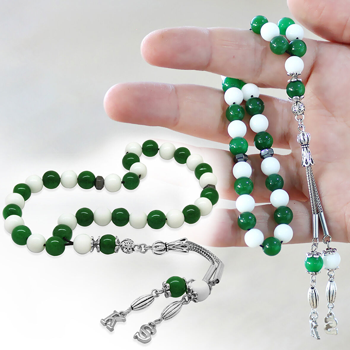 Kararmaz Metal Kişiye Özel Harf Püsküllü Küre Kesim Yeşil Beyaz Jade Doğaltaş Taraftar Tesbih