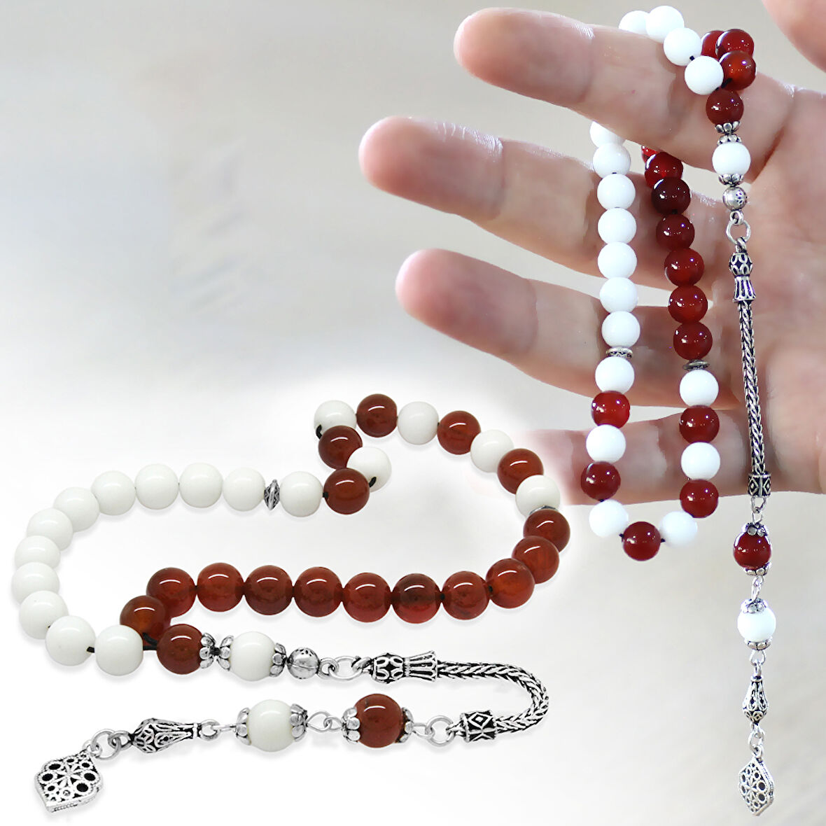 925 Ayar Gümüş Püsküllü Küre Kesim Kırmızı Beyaz Jade Akik Doğaltaş Taraftar Tesbih