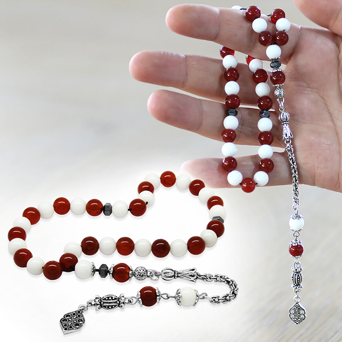 Kararmaz Metal Arnavut Zincir Püsküllü Küre Kesim Kırmızı Beyaz Jade Akik Doğaltaş Taraftar Tesbih M1